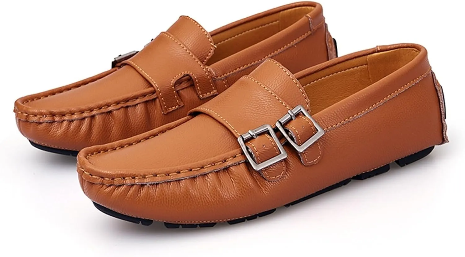 Men's Monk Strap Loafers  Vegan Leather Slip-Ons with Stitching Details, Round Toe, Comfortable & Slip-Resistant, Flat Heel for Walking