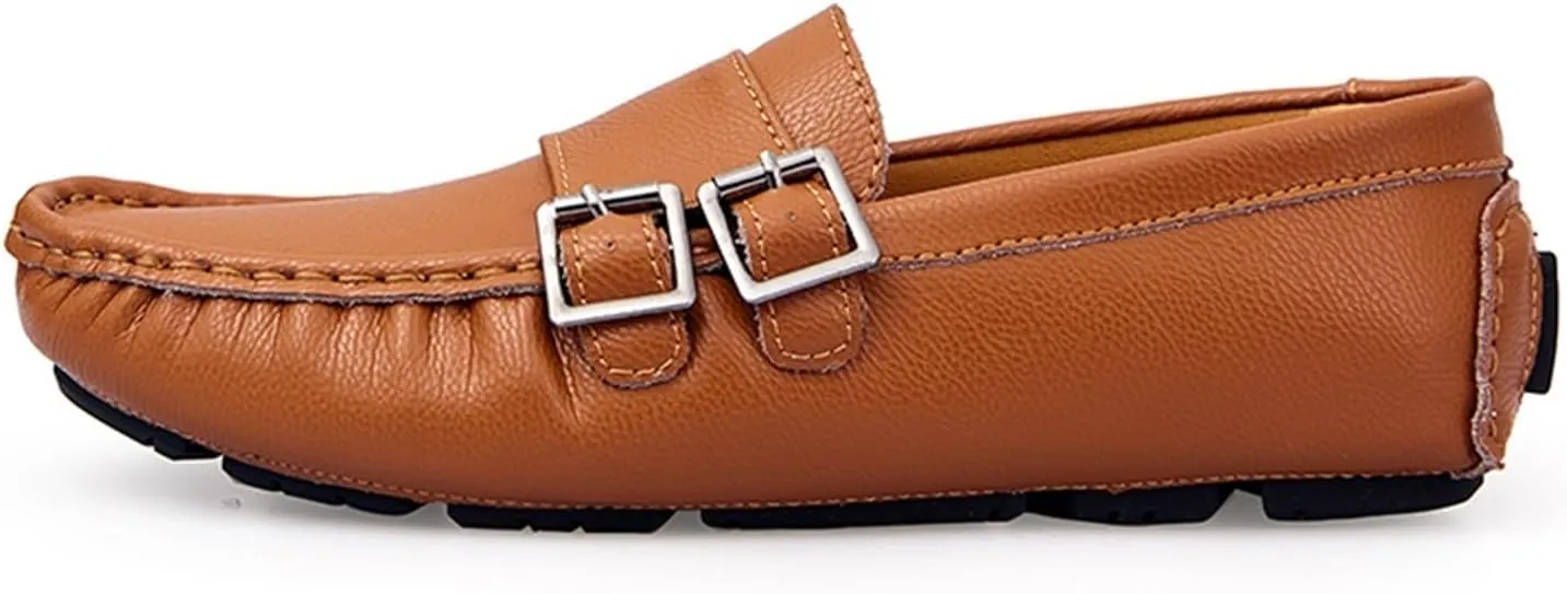 Men's Monk Strap Loafers  Vegan Leather Slip-Ons with Stitching Details, Round Toe, Comfortable & Slip-Resistant, Flat Heel for Walking