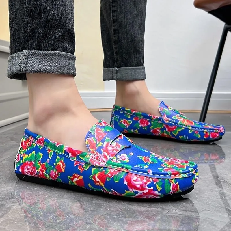 Men's Square Toe Vegan Leather Loafers - Floral Two-Tone Loafers with Comfortable Flat Heel, Anti-Slip, Ideal for Parties and Casual Wear