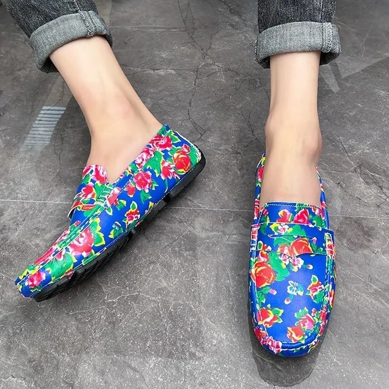 Men's Square Toe Vegan Leather Loafers - Floral Two-Tone Loafers with Comfortable Flat Heel, Anti-Slip, Ideal for Parties and Casual Wear