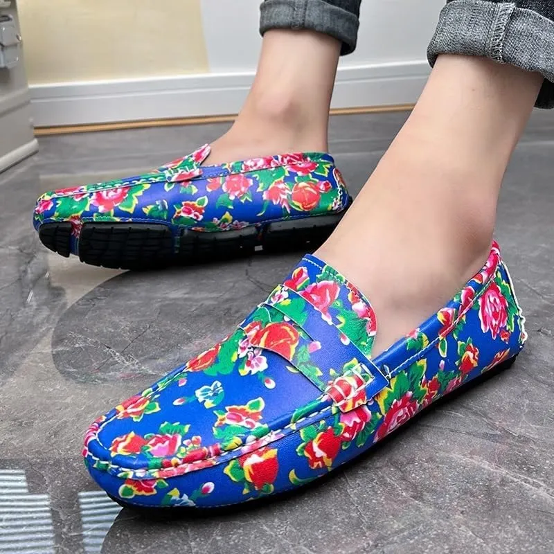 Men's Square Toe Vegan Leather Loafers - Floral Two-Tone Loafers with Comfortable Flat Heel, Anti-Slip, Ideal for Parties and Casual Wear