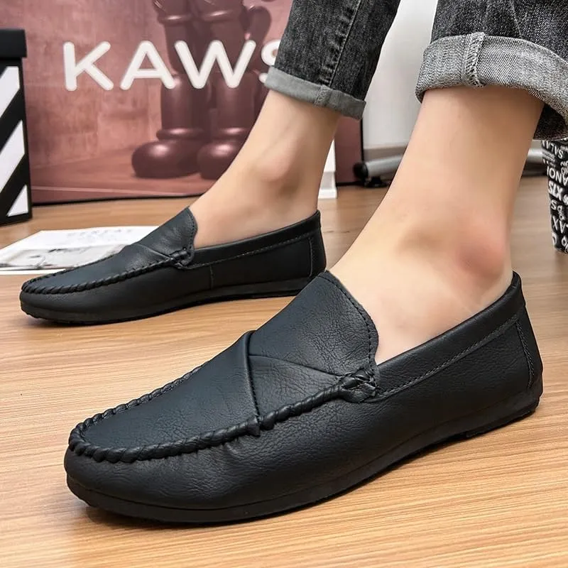 Men's Vegan Leather Loafers. Apron Toe Moccasins, Solid Color Flat Heel Lightweight & Slip-Resistant Classic Party Slip-Ons