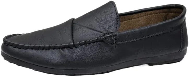 Men's Vegan Leather Loafers. Apron Toe Moccasins, Solid Color Flat Heel Lightweight & Slip-Resistant Classic Party Slip-Ons