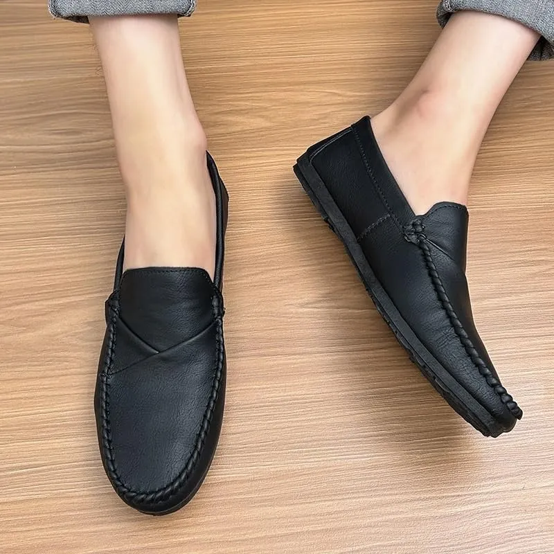 Men's Vegan Leather Loafers. Apron Toe Moccasins, Solid Color Flat Heel Lightweight & Slip-Resistant Classic Party Slip-Ons