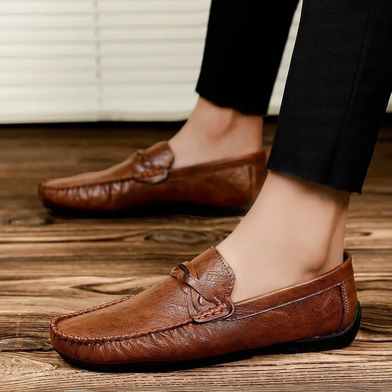 Men's Vegan Leather Loafers - Classic Round Toe Solid Color Driving Loafers with Flexible Flat Heel, Slip-Resistant Slip-Ons