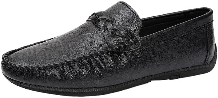 Men's Vegan Leather Loafers - Classic Round Toe Solid Color Driving Loafers with Flexible Flat Heel, Slip-Resistant Slip-Ons