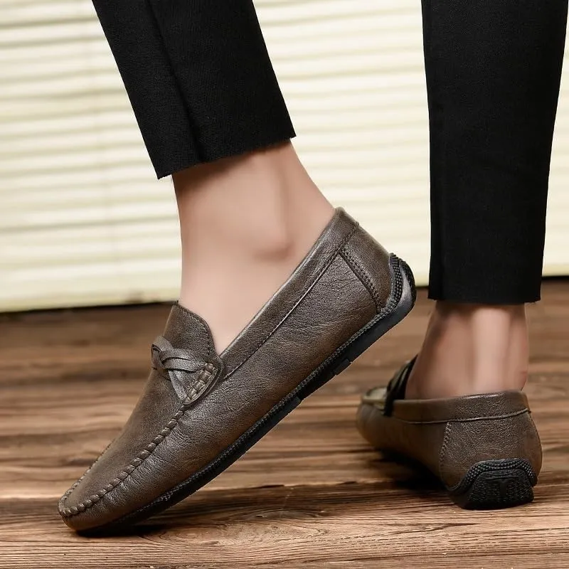 Men's Vegan Leather Loafers - Classic Round Toe Solid Color Driving Loafers with Flexible Flat Heel, Slip-Resistant Slip-Ons
