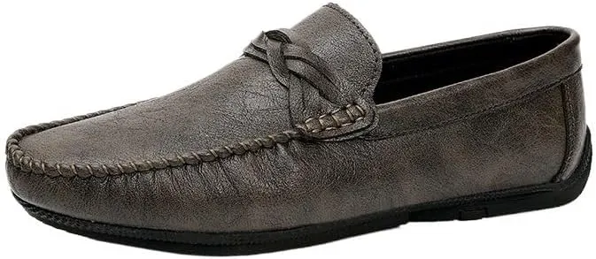 Men's Vegan Leather Loafers - Classic Round Toe Solid Color Driving Loafers with Flexible Flat Heel, Slip-Resistant Slip-Ons