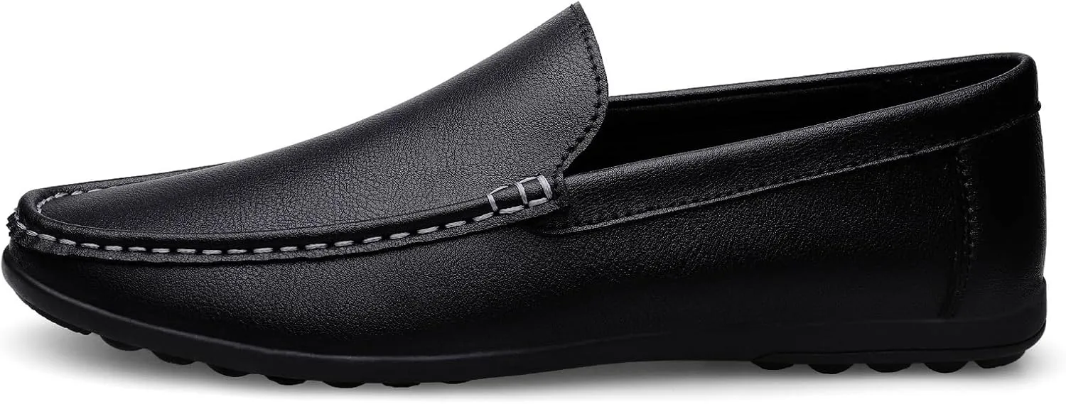 Men's Vegan Leather Loafers - Round Toe Solid Color Anti-Slip Flat Heel Lightweight Slip-Ons for Prom and Casual Wear
