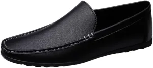 Men's Vegan Leather Loafers - Round Toe Solid Color Anti-Slip Flat Heel Lightweight Slip-Ons for Prom and Casual Wear