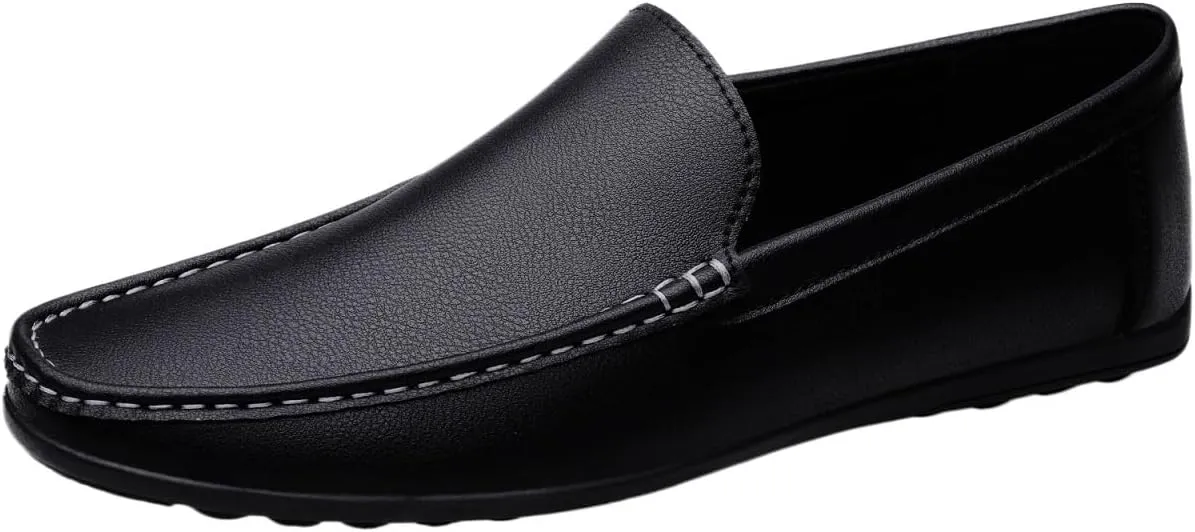 Men's Vegan Leather Loafers - Round Toe Solid Color Anti-Slip Flat Heel Lightweight Slip-Ons for Prom and Casual Wear