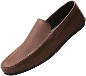Men's Vegan Leather Loafers - Solid Color Round Toe Flat Heel Anti-Slip Flexible Slip-Ons for Fashion and Casual Wear