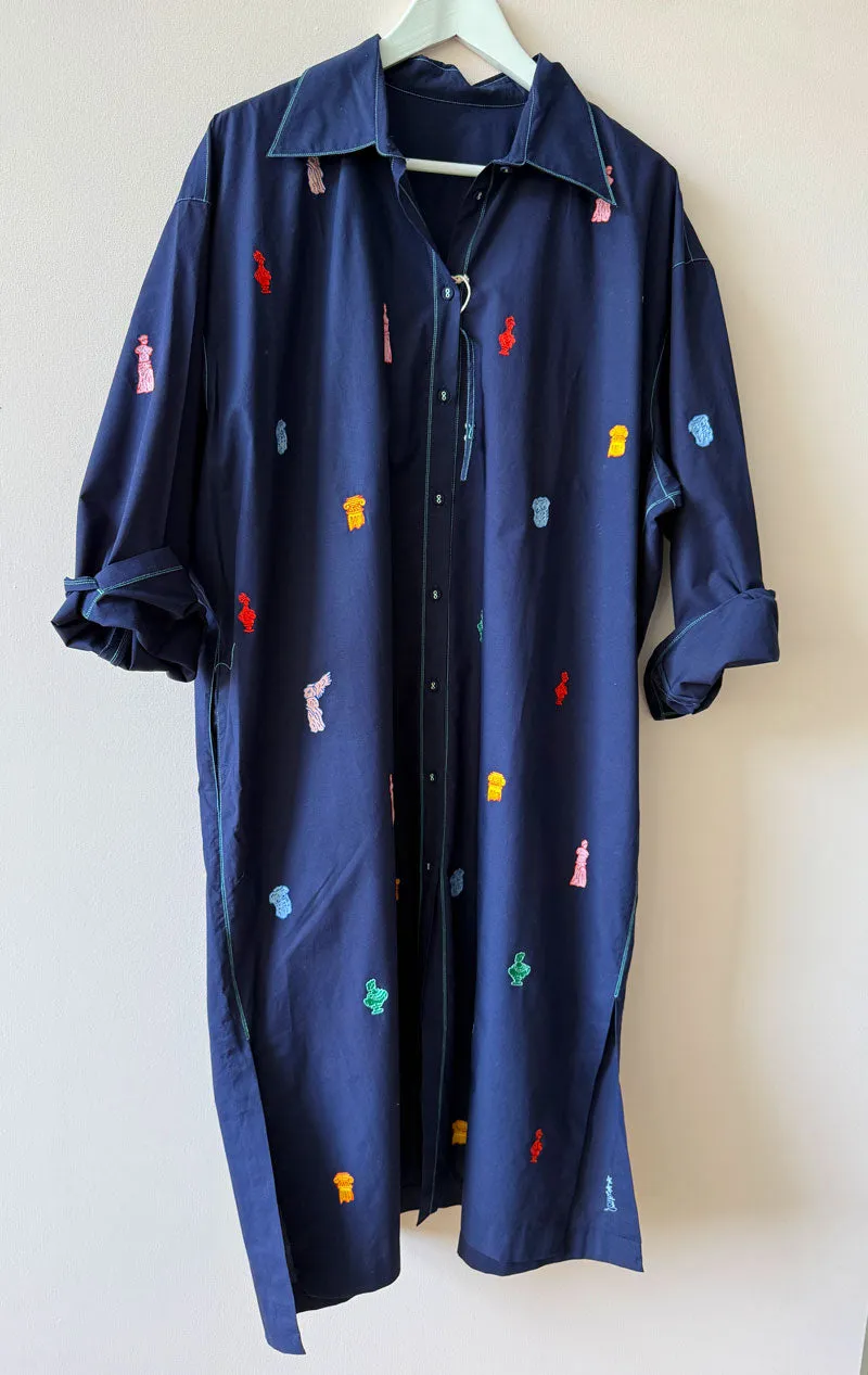 Navy Button Dress with greek art emblems