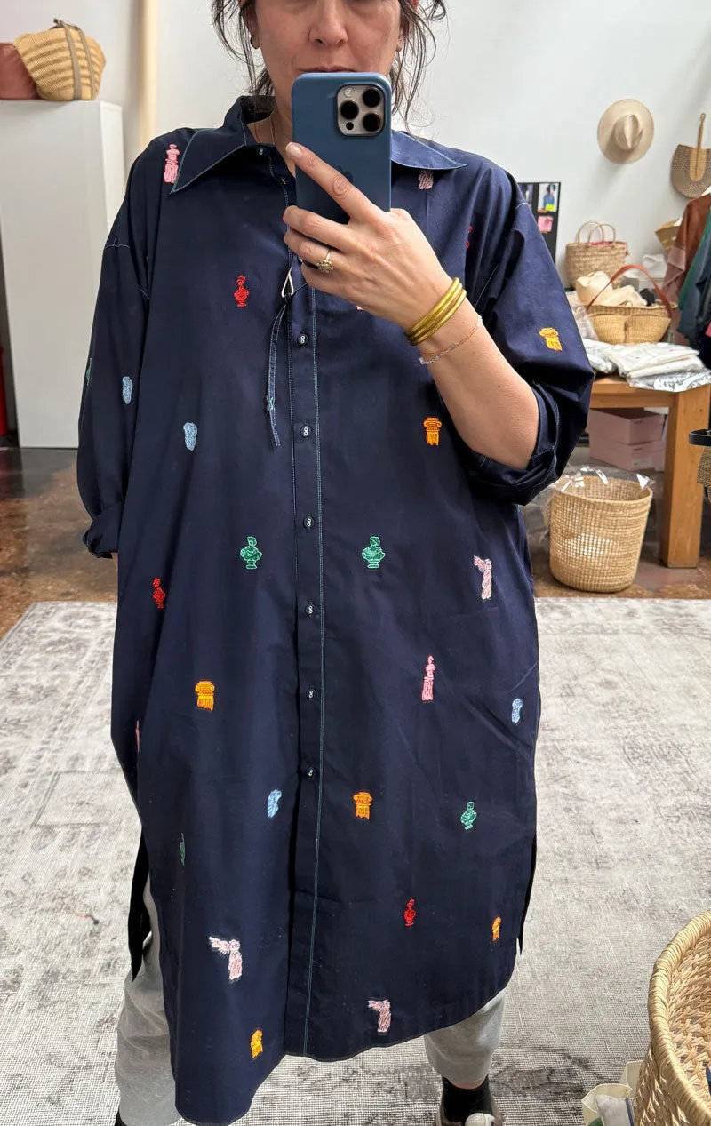 Navy Button Dress with greek art emblems