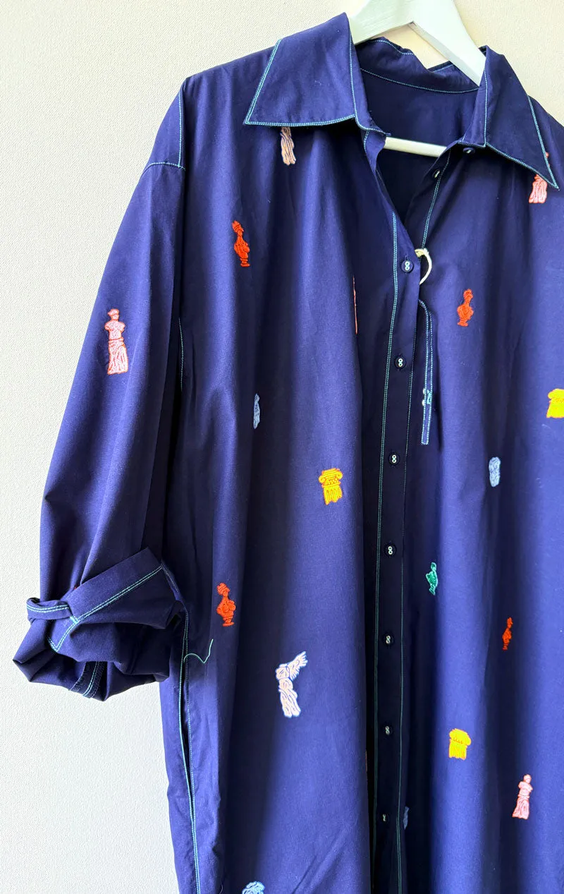 Navy Button Dress with greek art emblems