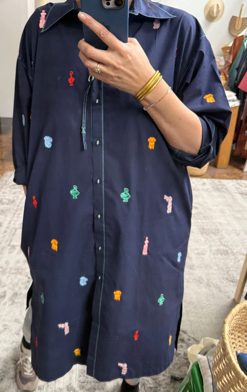 Navy Button Dress with greek art emblems