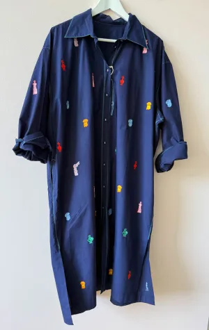 Navy Button Dress with greek art emblems