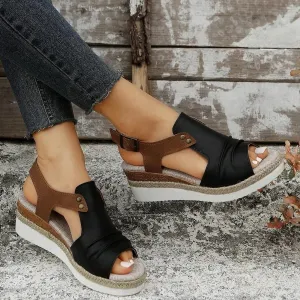 Orthopedic Platform Wedge Sandals for Women Summer Dressy 2023 Flat Open Toe Ankle Strap Espadrilles Sandals Casual Strappy Slip on Sandals Beach Boho Sandals Comfortable Outdoor Shoes (3-Black, 8)