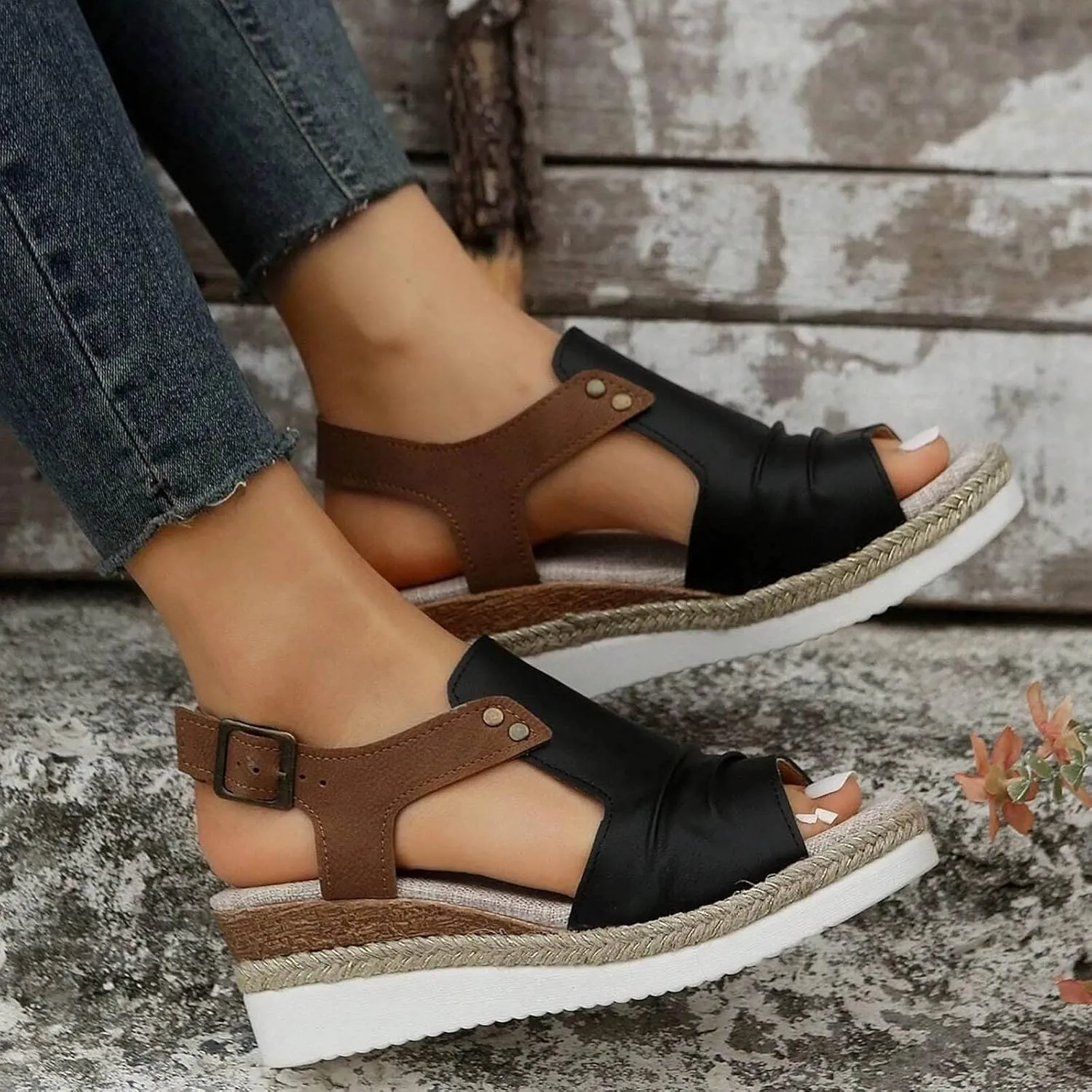 Orthopedic Platform Wedge Sandals for Women Summer Dressy 2023 Flat Open Toe Ankle Strap Espadrilles Sandals Casual Strappy Slip on Sandals Beach Boho Sandals Comfortable Outdoor Shoes (3-Black, 8)