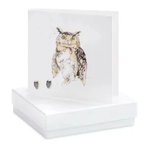 Owl Silver Earrings On Designer Card by Crumble and Core