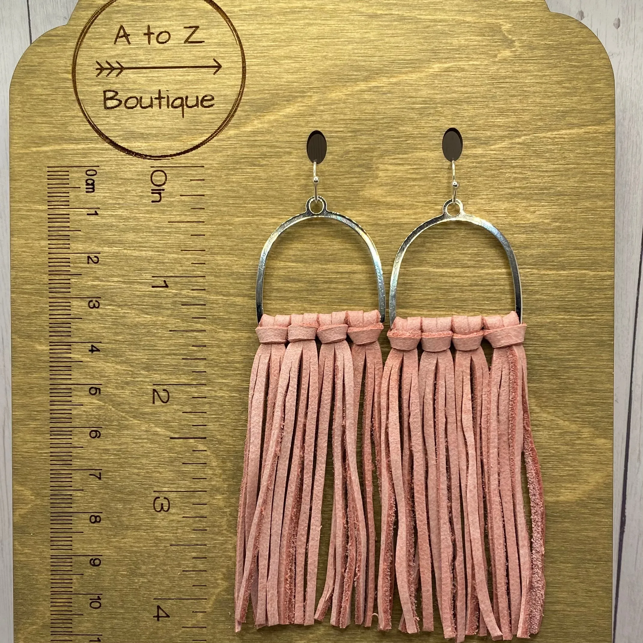 Pink Leather Fringe Arched Hoop Earrings