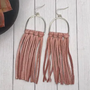Pink Leather Fringe Arched Hoop Earrings