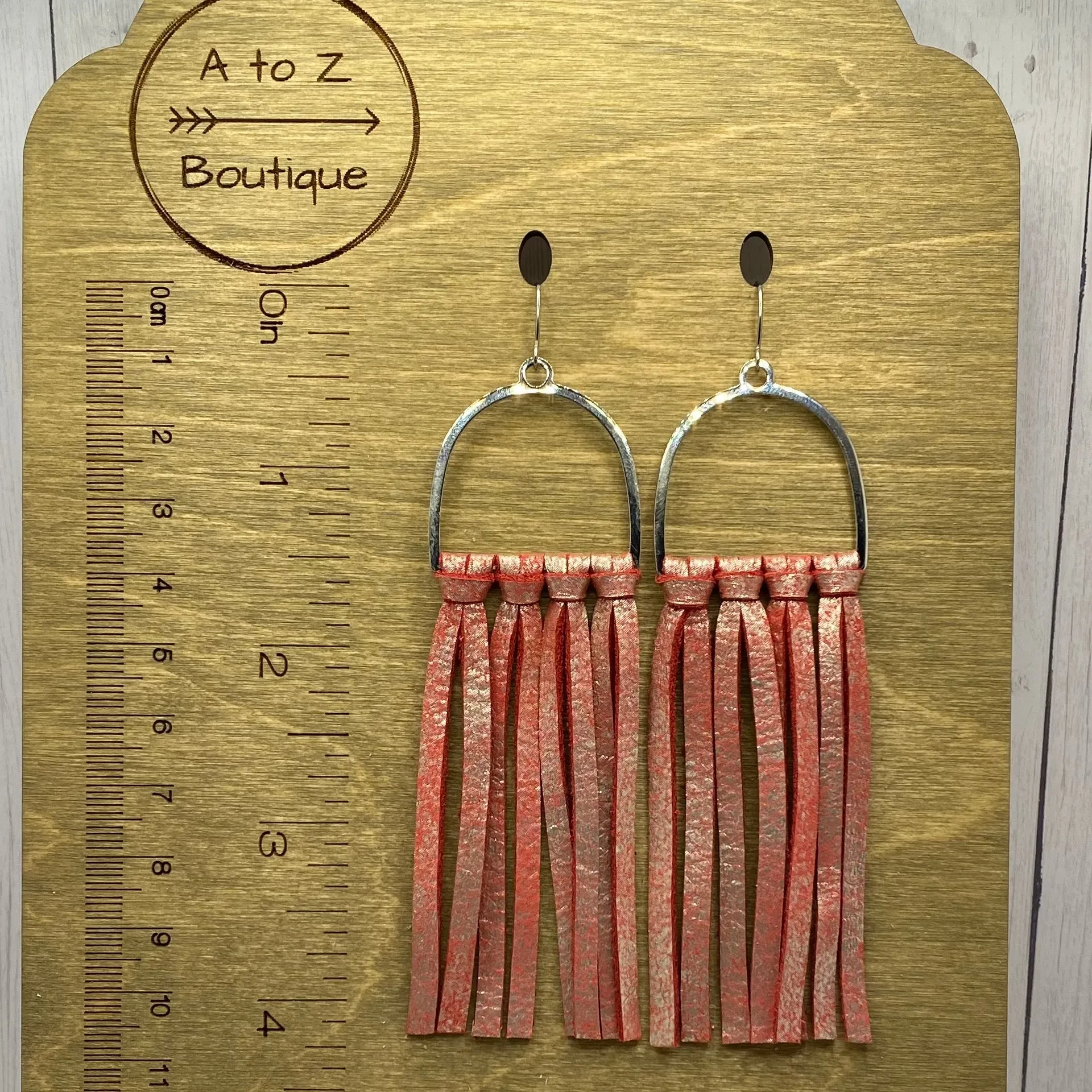 Red Leather Fringe Arched Hoop Earrings