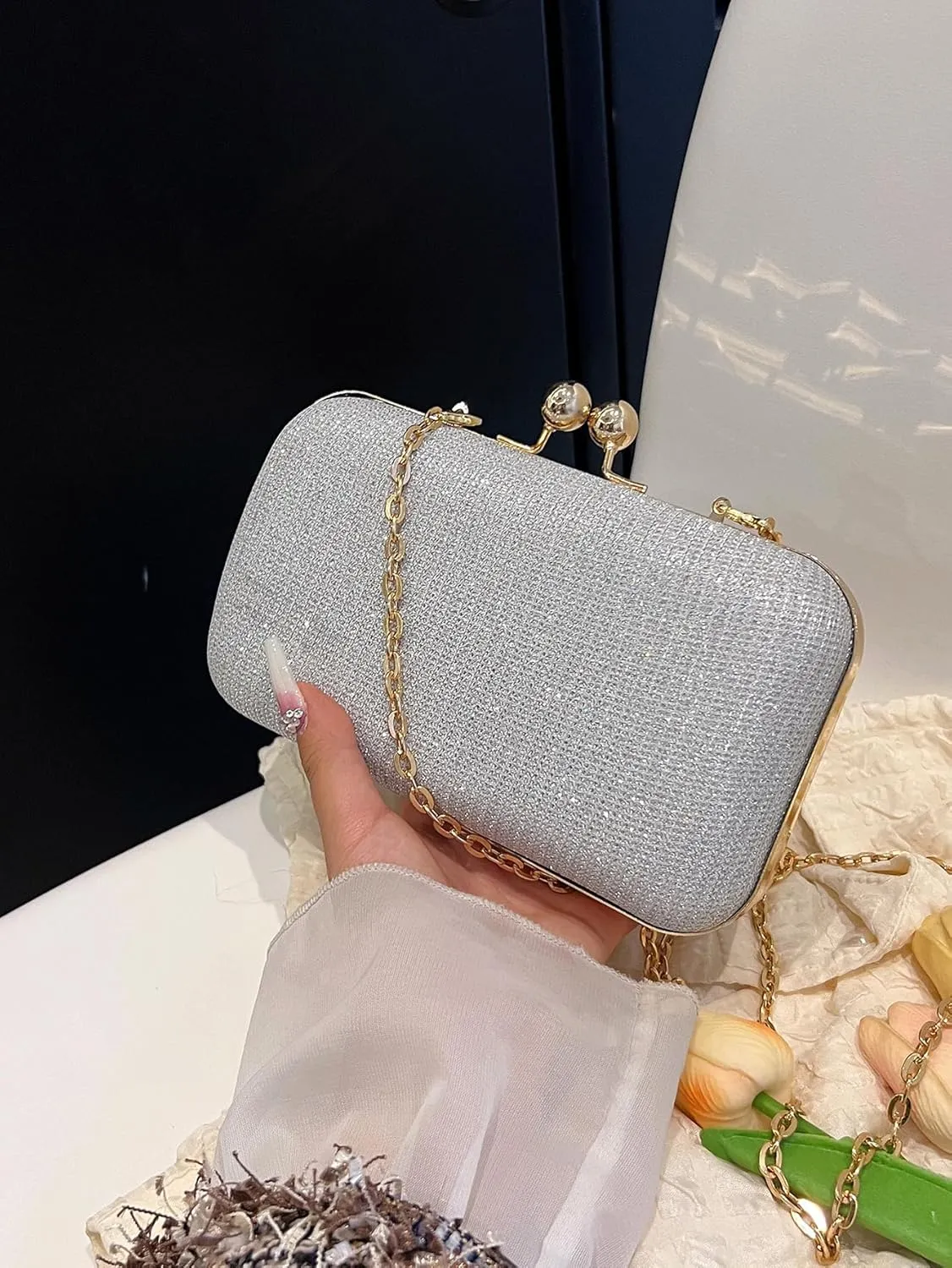 Rhinestone Evening Clutch Purse Sequin Bag,Woman Sparkling Handbag Formal Clutch with Chain for Wedding Party