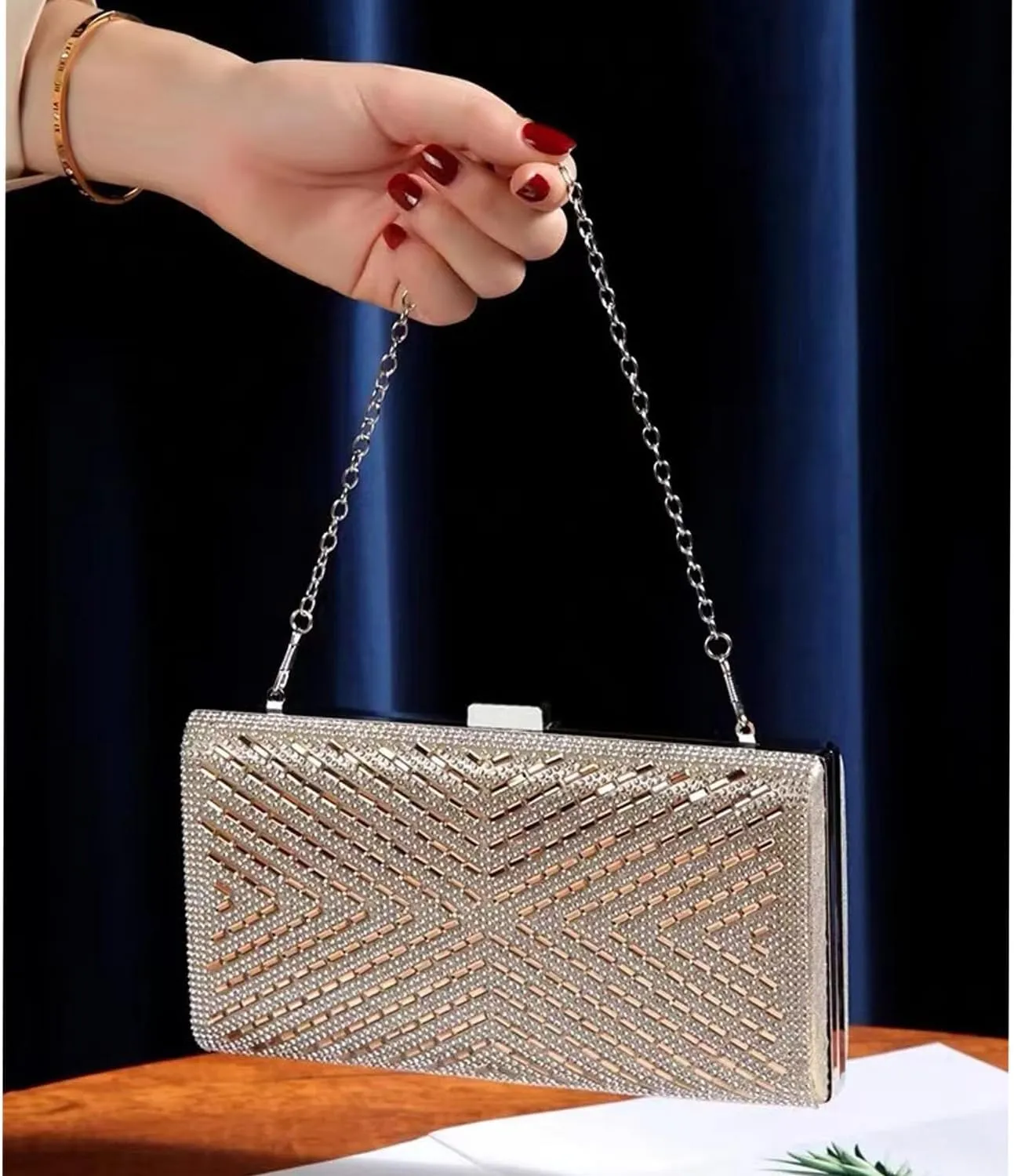 Rhinestone Evening Clutch Purse Sequin Bag,Woman Sparkling Handbag Formal Clutch with Chain for Wedding Party