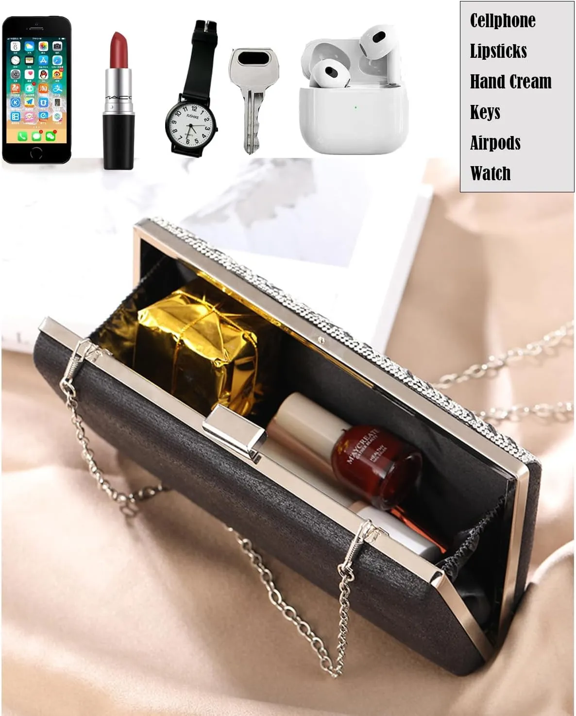 Rhinestone Evening Clutch Purse Sequin Bag,Woman Sparkling Handbag Formal Clutch with Chain for Wedding Party