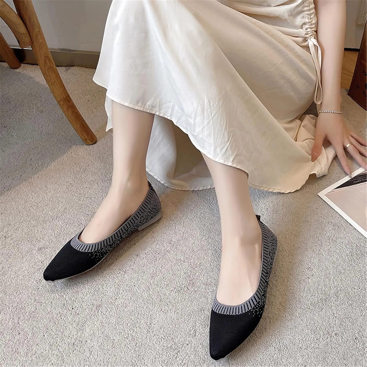 RVROVIC Women's Pointed Toe Knit Flats Shoes Slip on Ballet Flats Comfortable Dress Shoes for Women