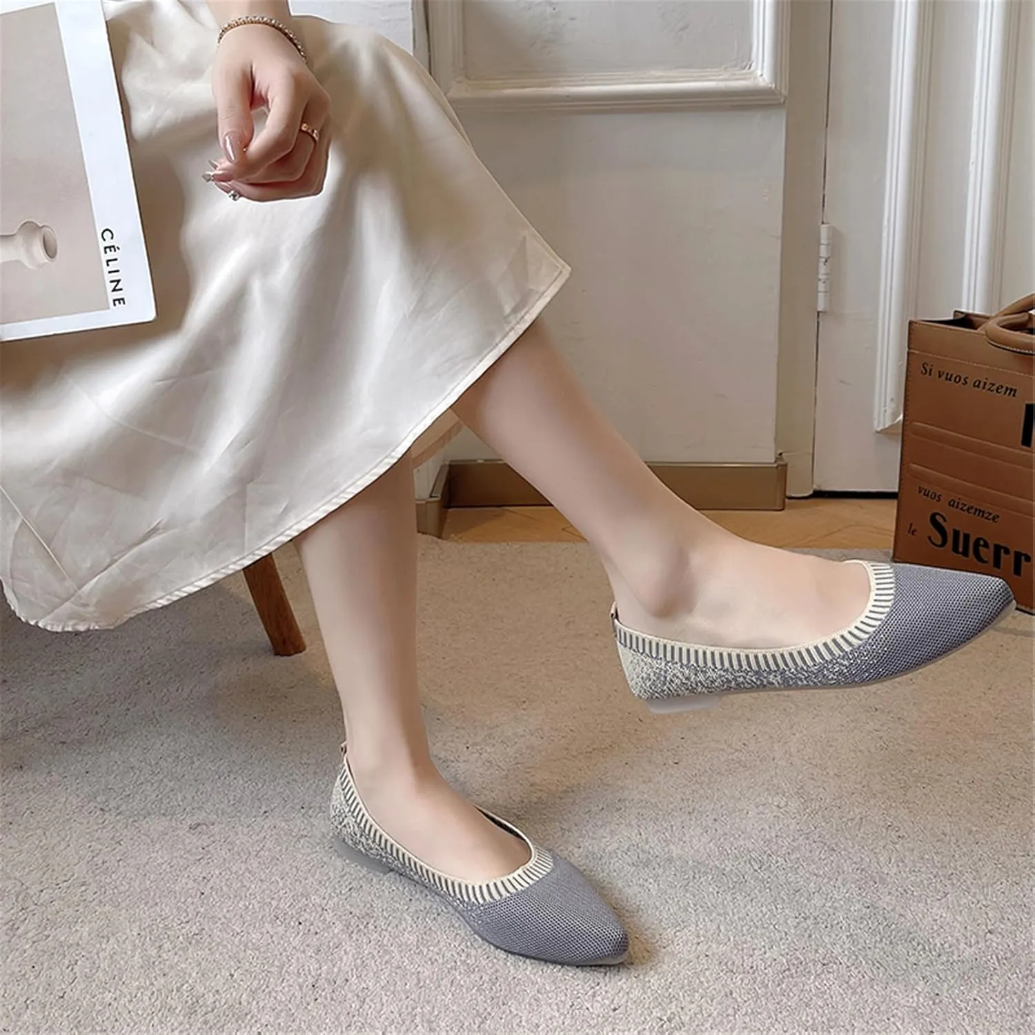 RVROVIC Women's Pointed Toe Knit Flats Shoes Slip on Ballet Flats Comfortable Dress Shoes for Women
