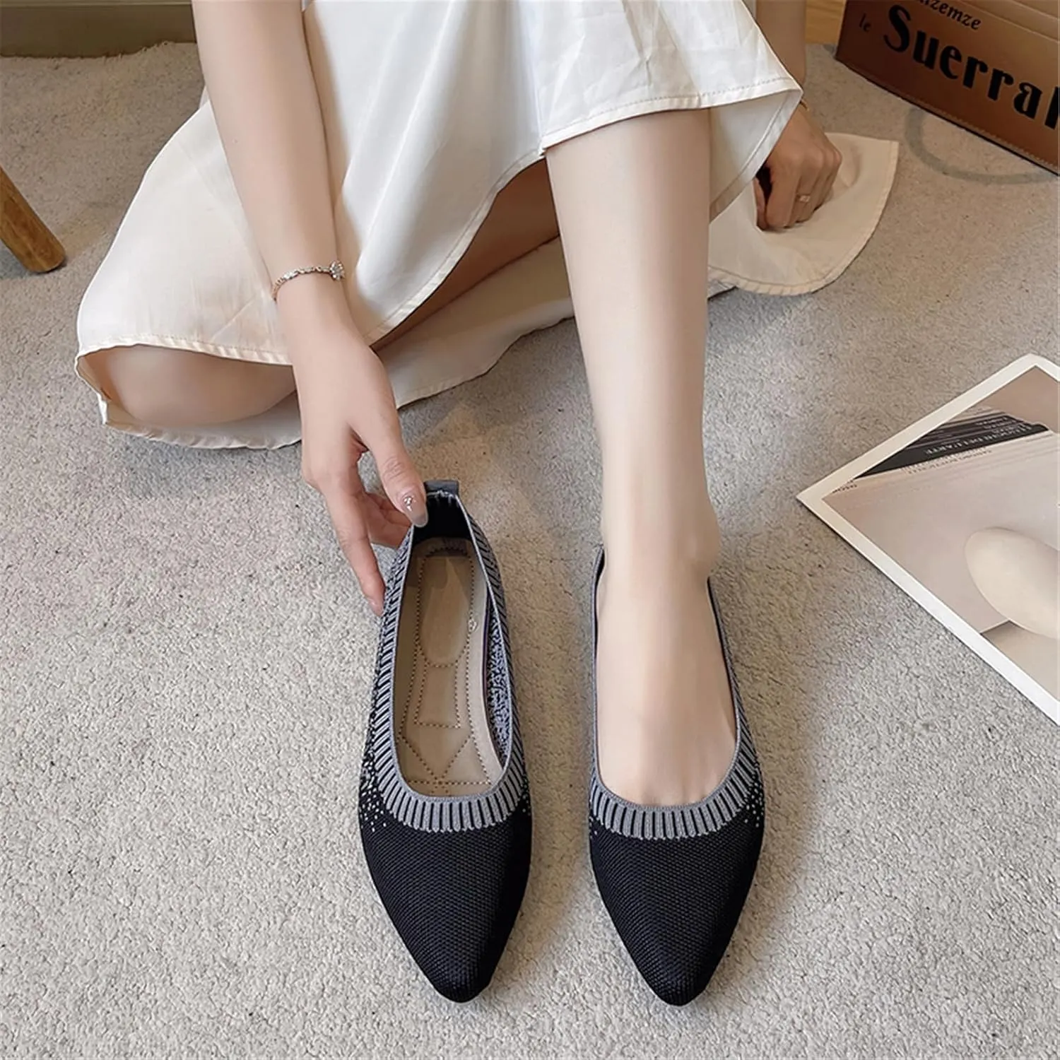 RVROVIC Women's Pointed Toe Knit Flats Shoes Slip on Ballet Flats Comfortable Dress Shoes for Women