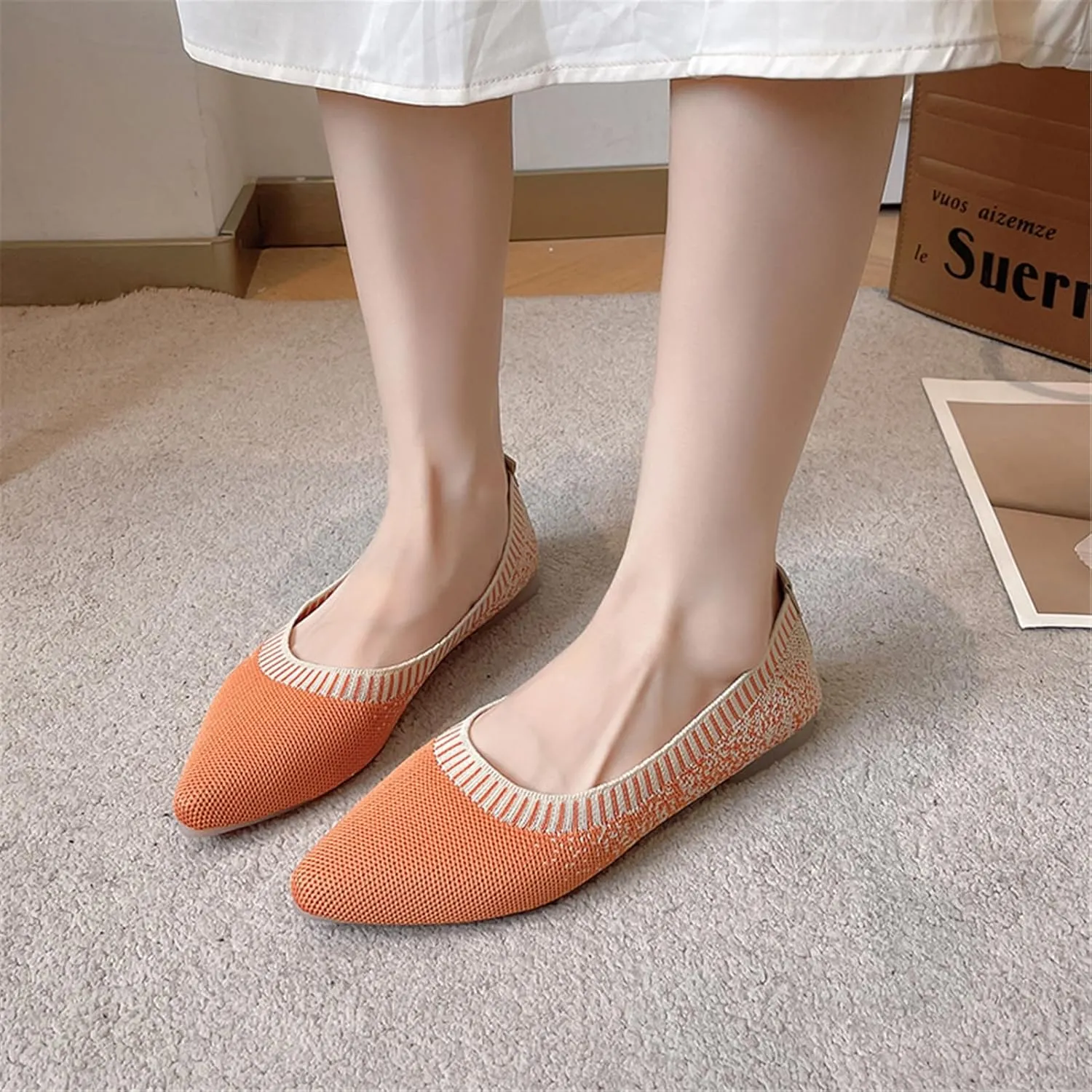 RVROVIC Women's Pointed Toe Knit Flats Shoes Slip on Ballet Flats Comfortable Dress Shoes for Women