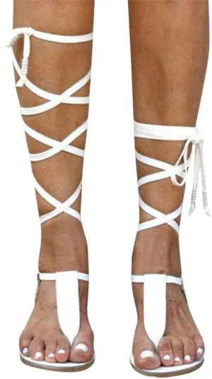 Sandals for Women Platform,Gladiator Sandals Flat Summer Beach Sandals Strappy Lace Up Open Toe Knee High Flat Sandal