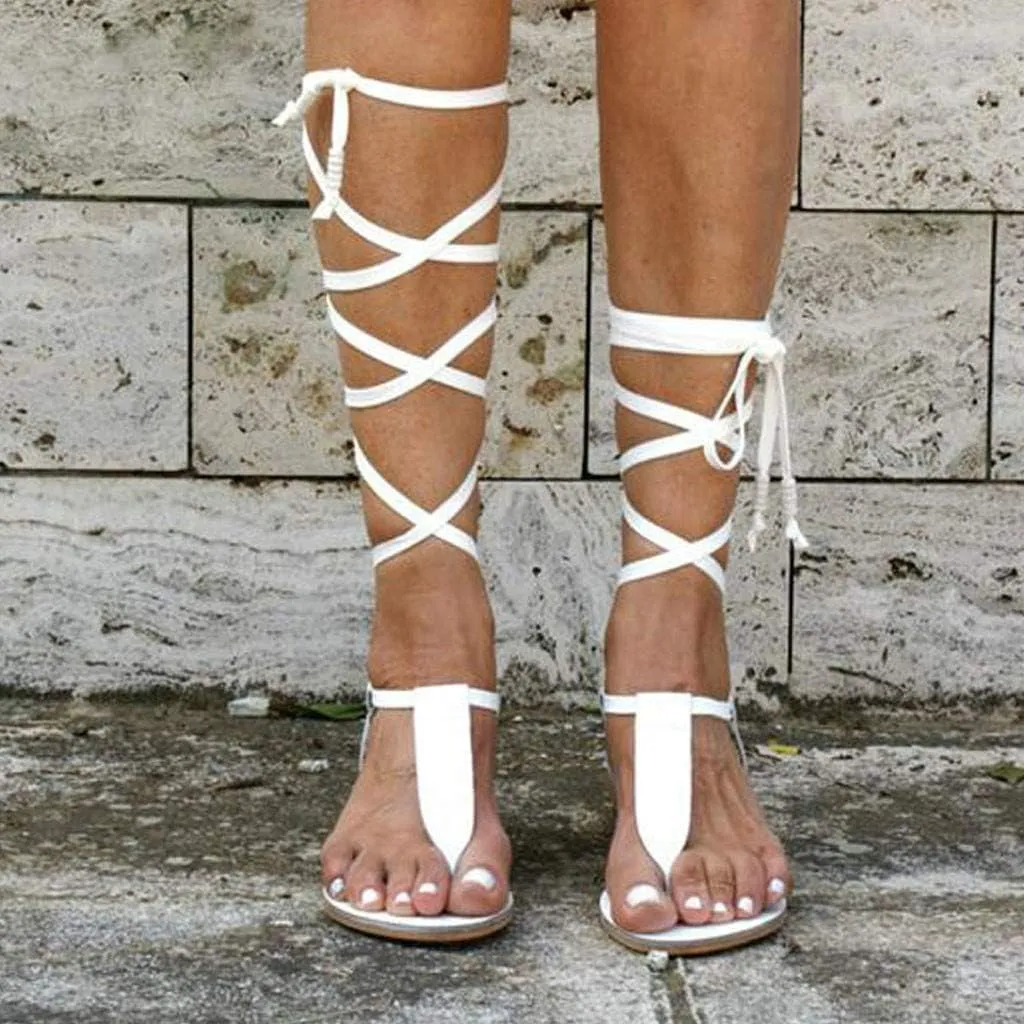 Sandals for Women Platform,Gladiator Sandals Flat Summer Beach Sandals Strappy Lace Up Open Toe Knee High Flat Sandal