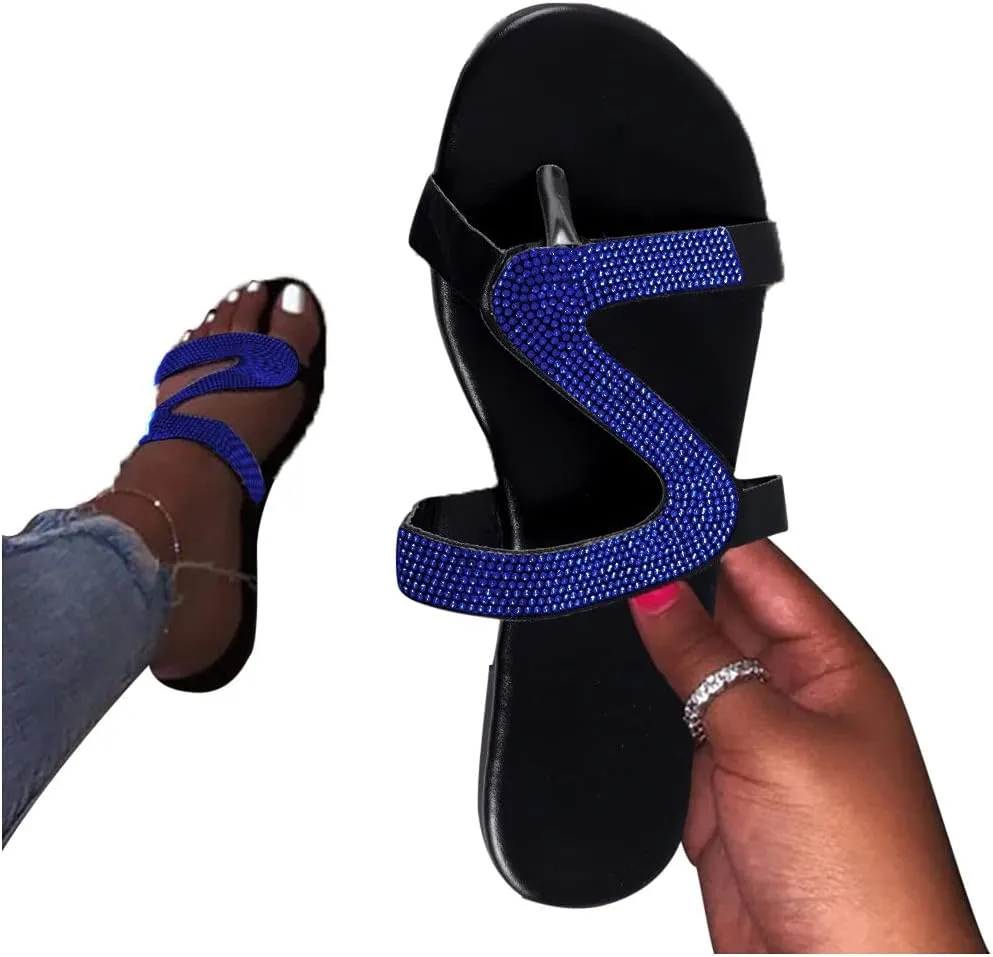 Shiny Rhinestone Flat Sandals for Women Open Toe Slip On Flip Flops Summer Outdoor Beach Travel Flats Party Club Shoes