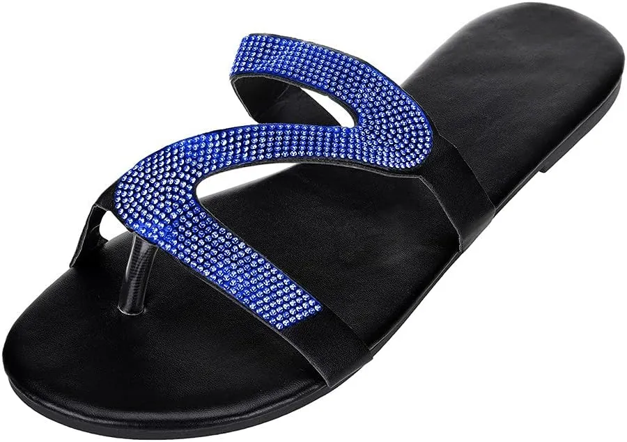 Shiny Rhinestone Flat Sandals for Women Open Toe Slip On Flip Flops Summer Outdoor Beach Travel Flats Party Club Shoes
