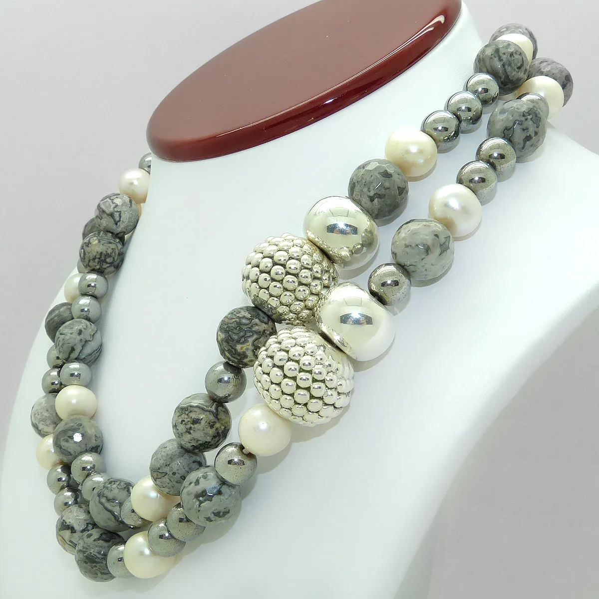 Simon Sebbag 2 Strand Pearl Gray Agate Hematite Prosecco Sterling Silver Necklace NB522GWPM2