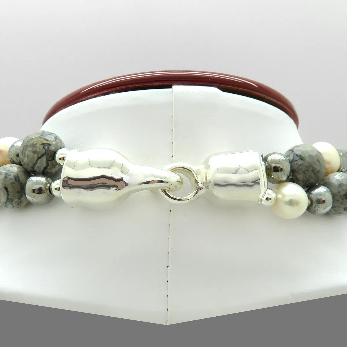 Simon Sebbag 2 Strand Pearl Gray Agate Hematite Prosecco Sterling Silver Necklace NB522GWPM2