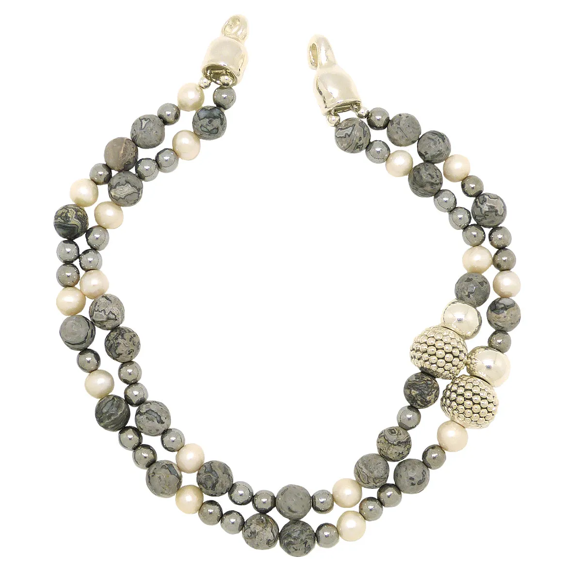Simon Sebbag 2 Strand Pearl Gray Agate Hematite Prosecco Sterling Silver Necklace NB522GWPM2