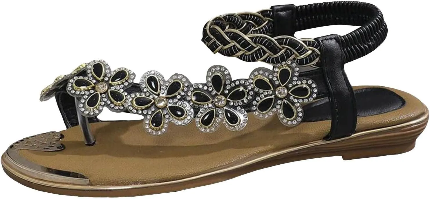 Summer Sandals for Women 2025 Bohemian Beaded Rhinestone Ankle Strap Dressy Wedding Shoes Comfortable Beach Flat Sandals