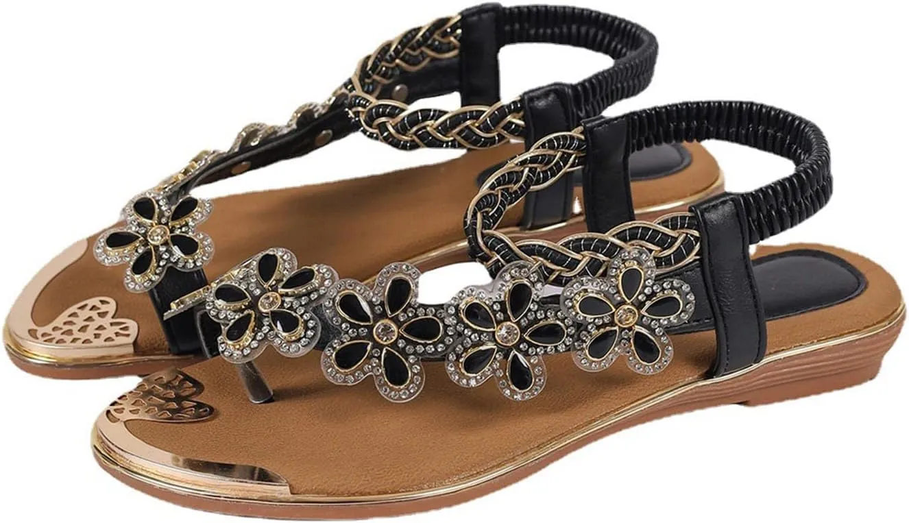 Summer Sandals for Women 2025 Bohemian Beaded Rhinestone Ankle Strap Dressy Wedding Shoes Comfortable Beach Flat Sandals