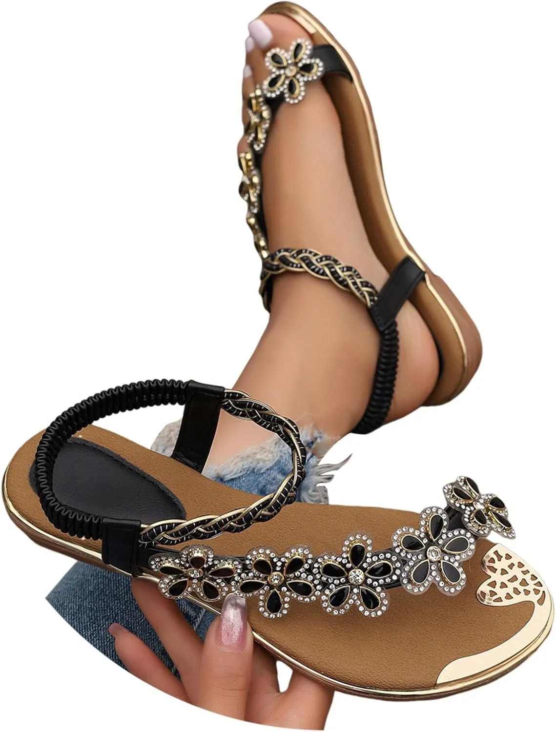 Summer Sandals for Women 2025 Bohemian Beaded Rhinestone Ankle Strap Dressy Wedding Shoes Comfortable Beach Flat Sandals