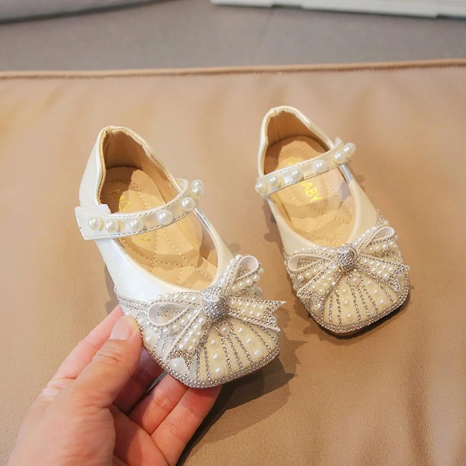 Toddler Girl Dress Shoes,Autumn Girls Casual Shoes Shiny Pearl Rhinestone Bow Dress Shoes Dance Shoes 1-11 Years