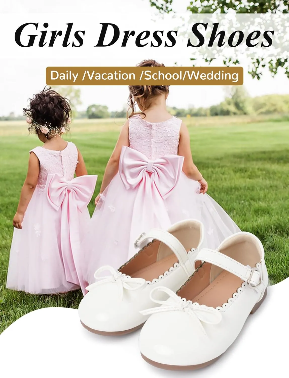 Toddler Girls Mary Jane Flats with Bow Shiny PU Leather Princess Shoes Breathable Non-Slip Ballet Shoes 4-13