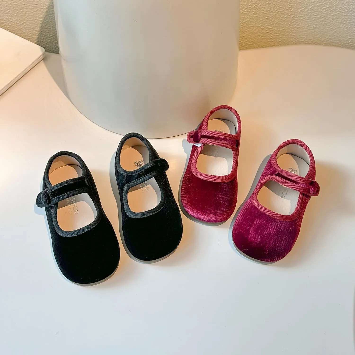Toddler Mary Jane Shoes, Velvet Ballet Flats, Black and Burgundy, 2-Pack