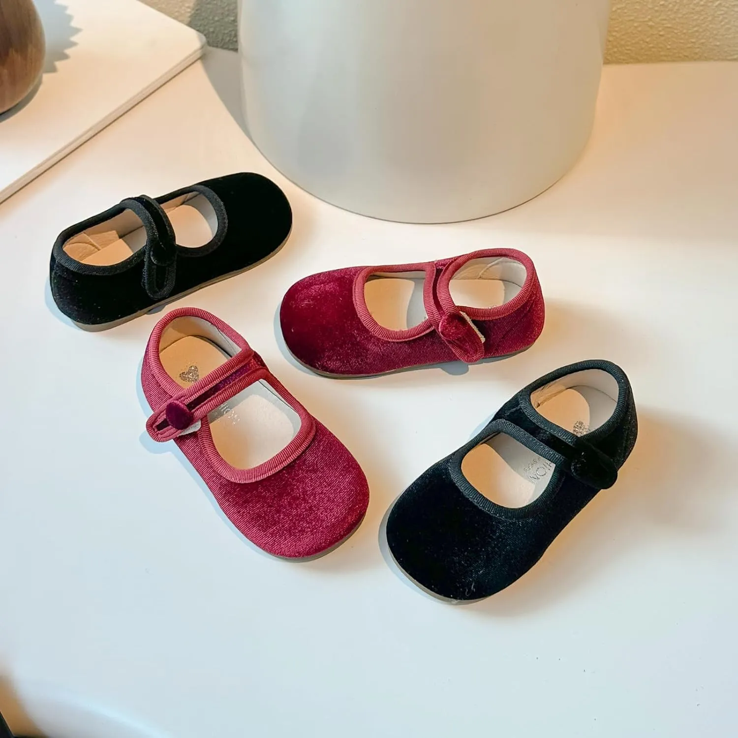 Toddler Mary Jane Shoes, Velvet Ballet Flats, Black and Burgundy, 2-Pack