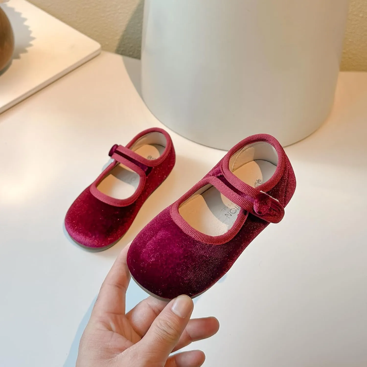 Toddler Mary Jane Shoes, Velvet Ballet Flats, Black and Burgundy, 2-Pack
