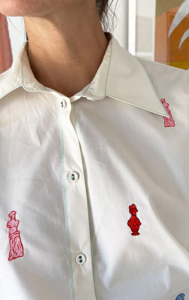 White Button Dress with greek art emblems